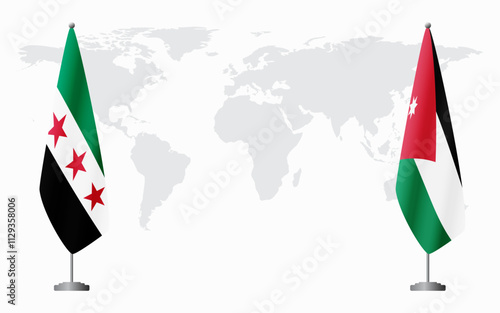 Syrian Revolution and Jordan flags for official meeting against background of world map.