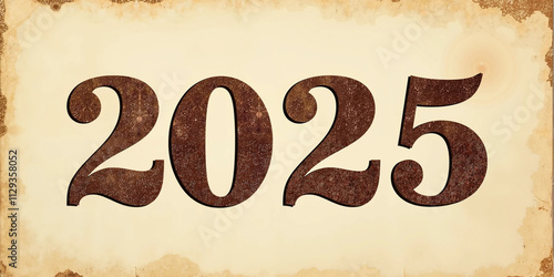 Bold 2025 in textured vintage letterpress style with faded ink in warm earth tones, perfect for retro typography designs