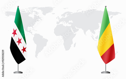 Syrian Revolution and Mali flags for official meeting against background of world map.