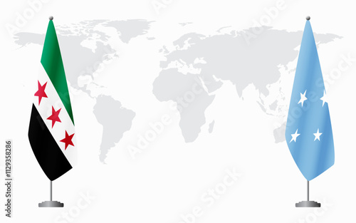 Syrian Revolution and Micronesia flags for official meeting against background of world map. photo