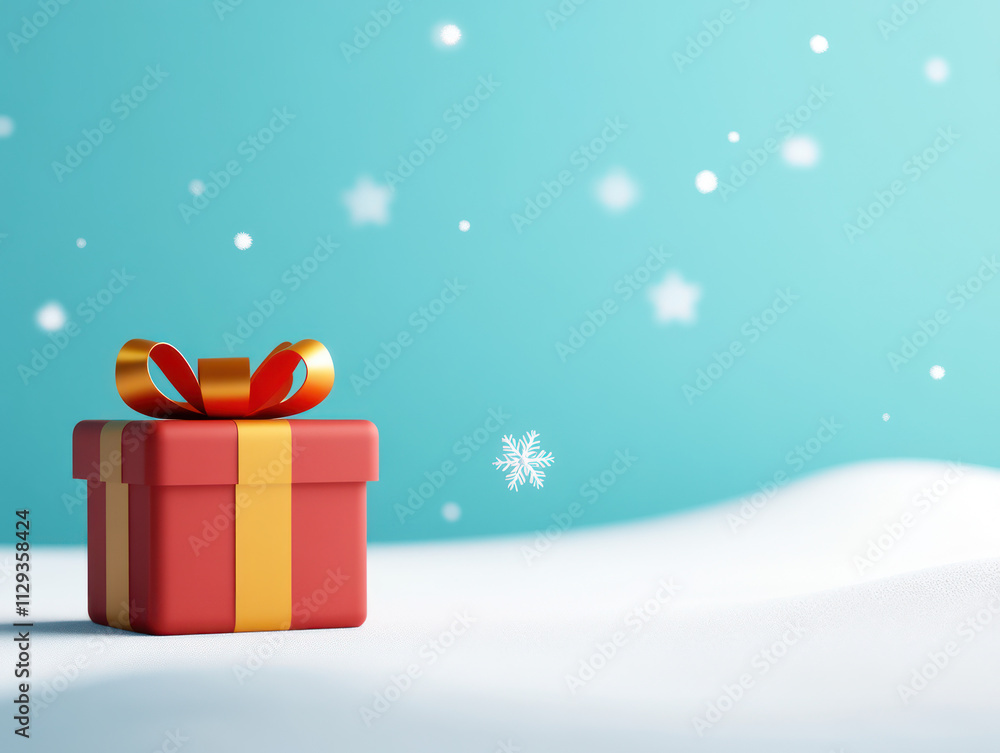 3d rendering vector graphic of a red giftbox with yellow bow on the blue background and snowflakes 3d rendering vector graphic of a red giftbox with yellow bow on the blue background and snowflakes