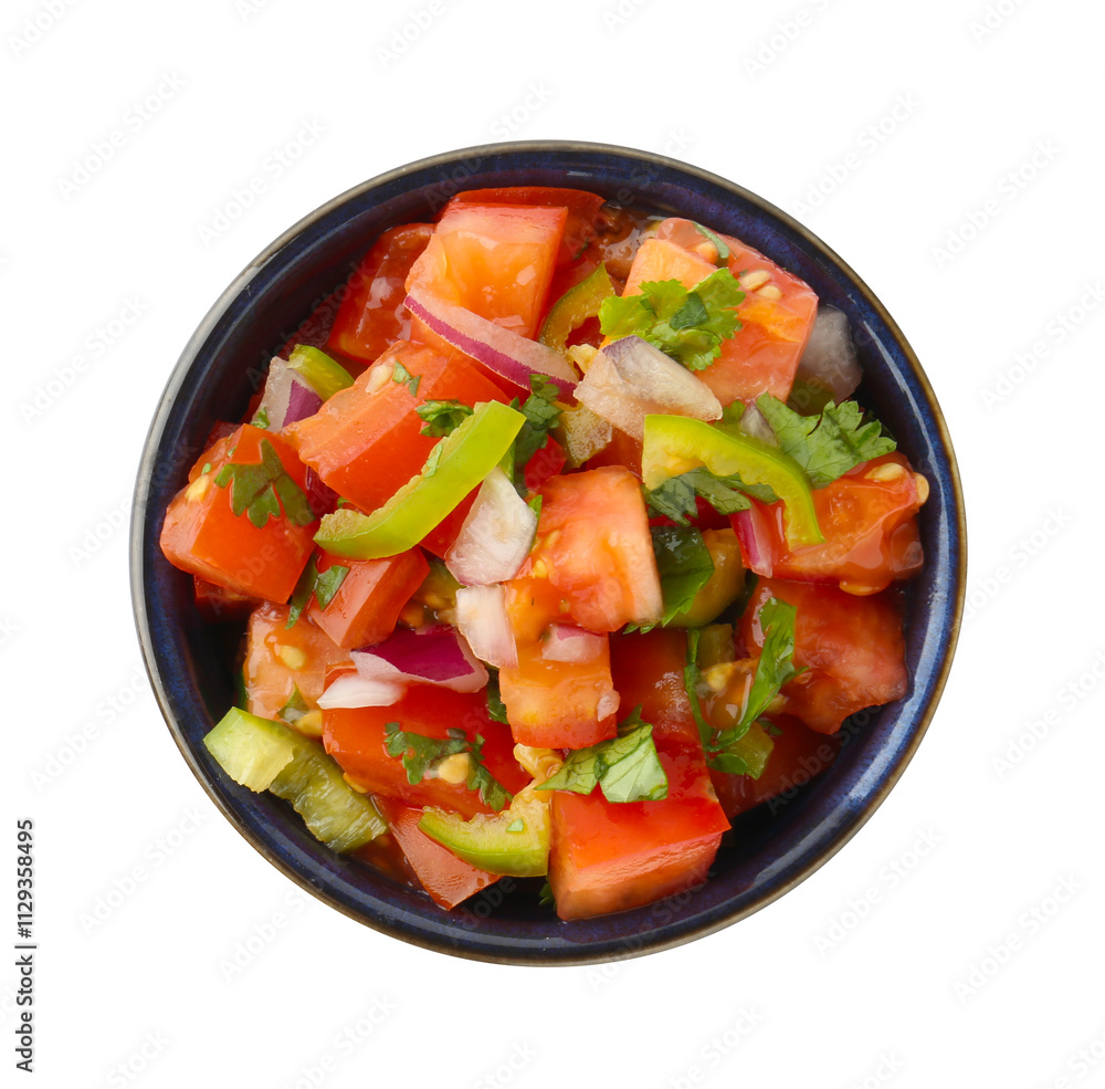 Tasty salsa sauce in bowl isolated on white, top view Tasty salsa sauce in bowl isolated on white, top view