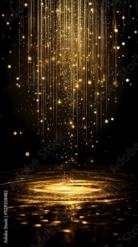 A golden rain of sparkling, shiny particles falling down from the sky, creating an enchanting atmosphere with light reflections on wet surfaces