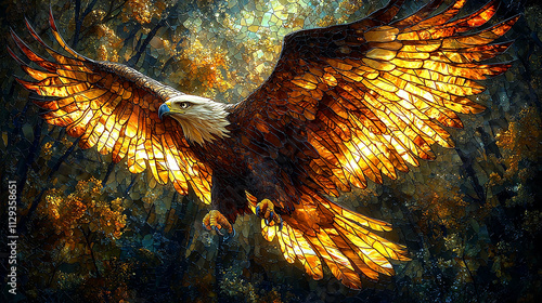 Stained Glass Eagle in Flight with Glowing Brown and Gold Wings