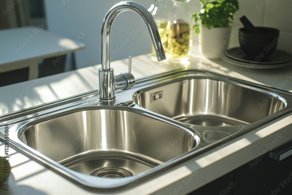A close-up shot of a kitchen sink with a working faucet and a small potted plant placed on top A close-up shot of a kitchen sink with a working faucet and a small potted plant placed on top