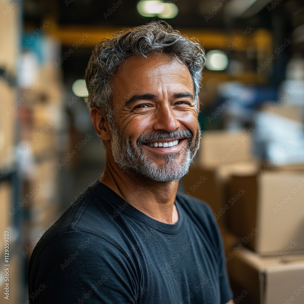 Smiling worker in warehouse packing cardboard boxes Smiling worker in warehouse packing cardboard boxes