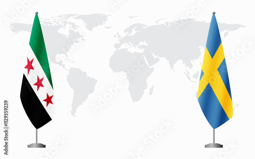 Syrian Revolution and Sweden flags for official meeting against background of world map.