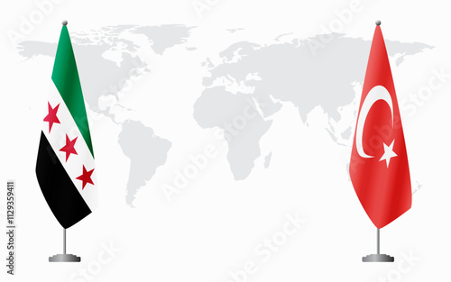 Syrian Revolution and Turkey flags for official meeting against background of world map.