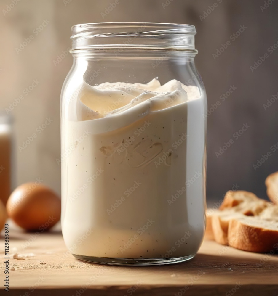 Bubbly sourdough starter in a glass container, foam, liquid, microorganisms Bubbly sourdough starter in a glass container, foam, liquid, microorganisms