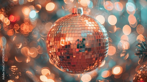 A shiny disco ball hangs from a decorated Christmas tree, perfect for holiday celebrations photo