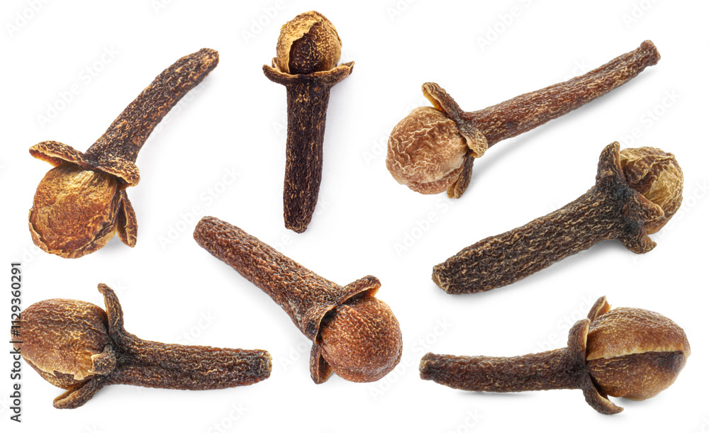 Fragrant clove buds isolated on white, set Fragrant clove buds isolated on white, set