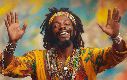  Elderly Man in Vibrant Ethnic Attire Raising Hands in a Celebratory Gesture for Cultural and Spiritual Themes photo