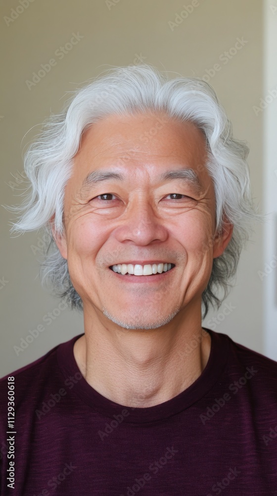 Smiling man with long gray hair wearing a burgundy shirt poses warmly indoors Smiling man with long gray hair wearing a burgundy shirt poses warmly indoors