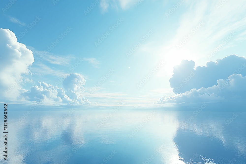 Bright sky, fluffy clouds, calm ocean reflection. Bright sky, fluffy clouds, calm ocean reflection.