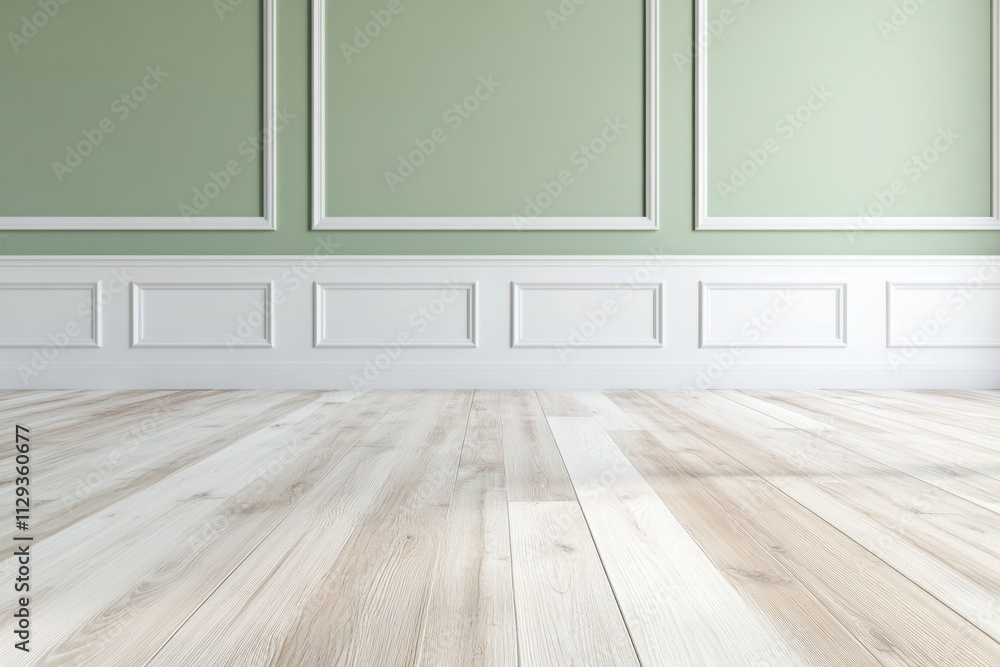 柔らかな緑の壁と明るい木の床が特徴の洗練された室内空間