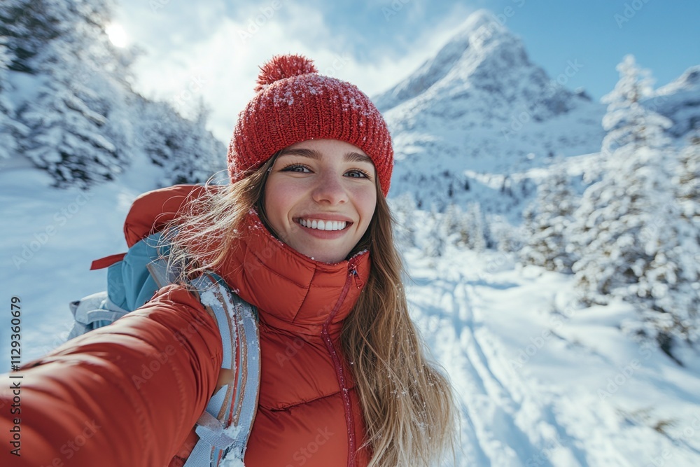 Smiling woman in red winter gear, snowy mountain hike with backpack, enjoying cold weather, cheerful exploration concept Smiling woman in red winter gear, snowy mountain hike with backpack, enjoying cold weather, cheerful exploration concept