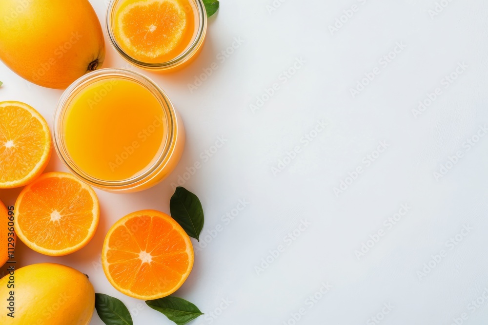Fresh citrus fruits and juice displayed on a white surface for healthy living Fresh citrus fruits and juice displayed on a white surface for healthy living