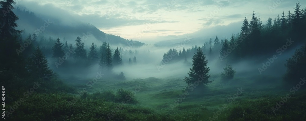 Morning Mist Envelops a Tranquil Forest at Dawn, Generative AI Morning Mist Envelops a Tranquil Forest at Dawn, Generative AI