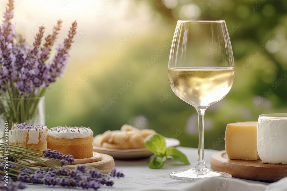 Elegant table setting with cake and wine complemented by lavender flowers at sunset Elegant table setting with cake and wine complemented by lavender flowers at sunset
