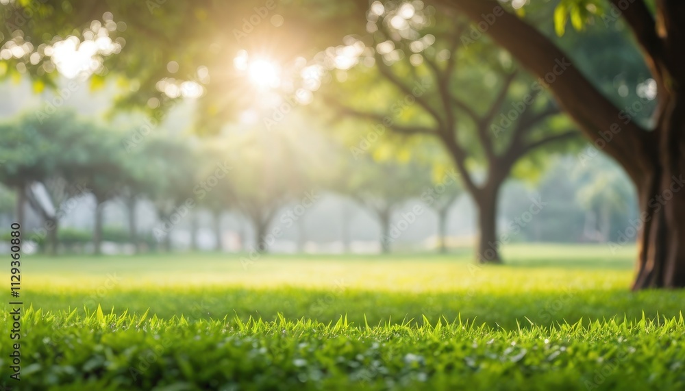 Morning Sunlight in a Lush Green Park with Beautiful Trees Morning Sunlight in a Lush Green Park with Beautiful Trees
