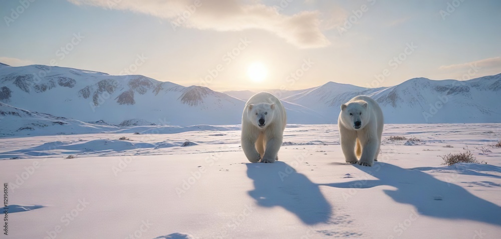 Stunning winter scene with polar bear walking on snow-covered field, wanderer, wilderness, wilderness, frost, frosty Stunning winter scene with polar bear walking on snow-covered field, wanderer, wilderness, wilderness, frost, frosty