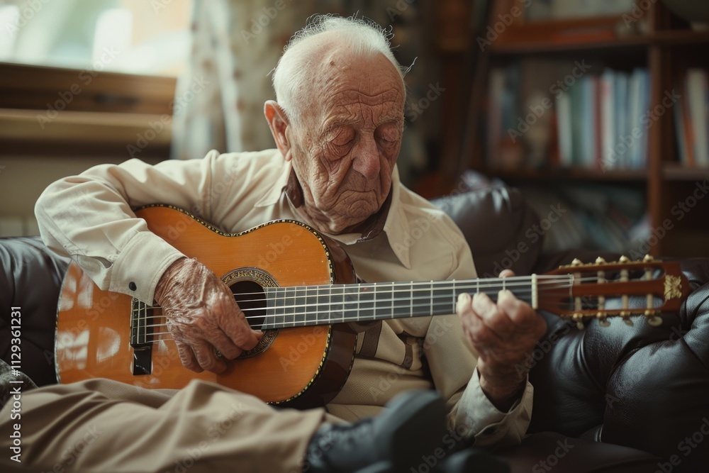 Fototapeta premium A senior man sitting on a couch playing a guitar, with a warm and cozy atmosphere