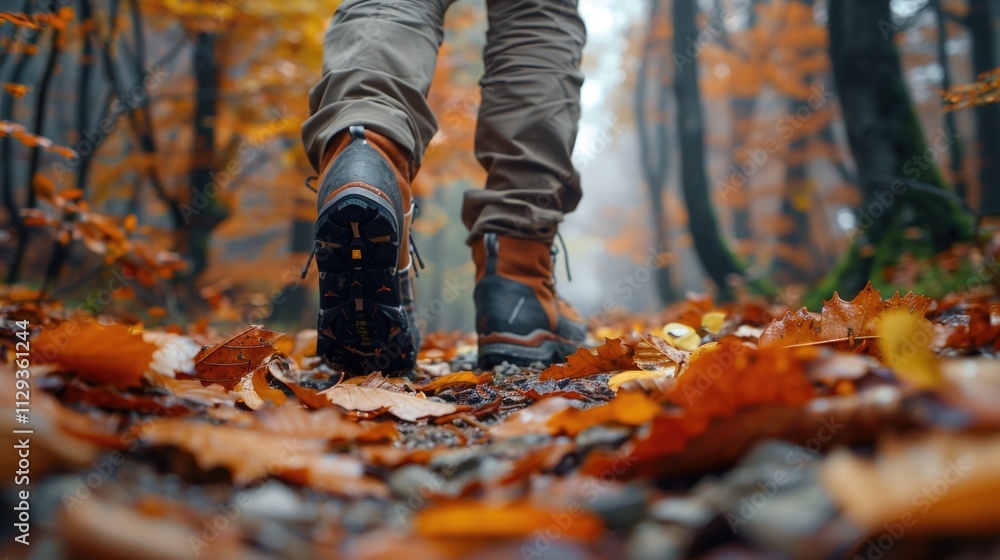 A person walks through a forest with leaves on the ground, a serene and peaceful scene A person walks through a forest with leaves on the ground, a serene and peaceful scene