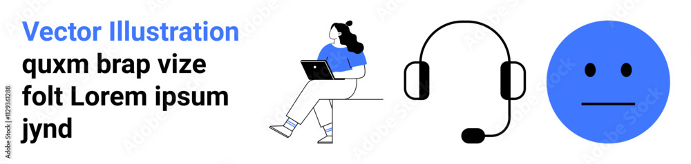 Fototapeta premium Laptop user seated on stool with headphones and blue minimal face icon. Ideal for remote work, communication, technology, customer support, minimalist design, modern lifestyle, workspace. Landing
