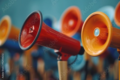 A grouping of orange and yellow megaphones stacked on top of each other photo