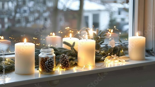 Christmas candle display on the windowsill with white candles  photo