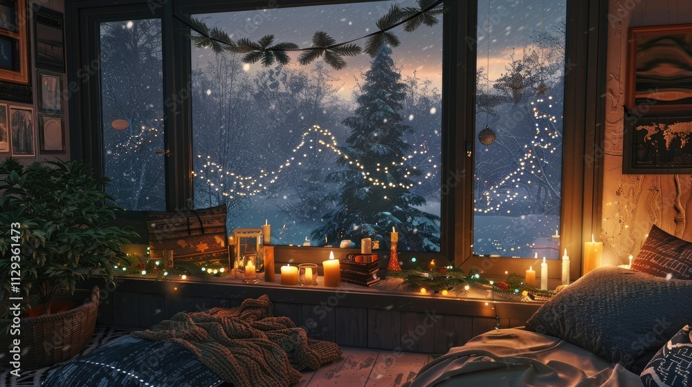 Cozy winter home decor with candles, greenery Cozy winter home decor with candles, greenery