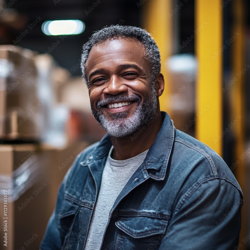 Smiling worker in warehouse packing cardboard boxes Smiling worker in warehouse packing cardboard boxes