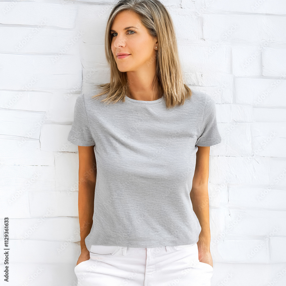 Gray t-shirt mockup. Girl grey t shirt template. Woman wearing athletic heather gray t shirt for your design Gray t-shirt mockup. Girl grey t shirt template. Woman wearing athletic heather gray t shirt for your design