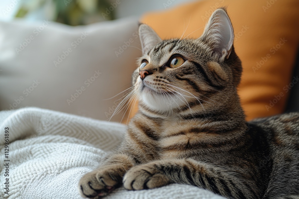 Naklejka premium A domestic cat lying on a clean white blanket