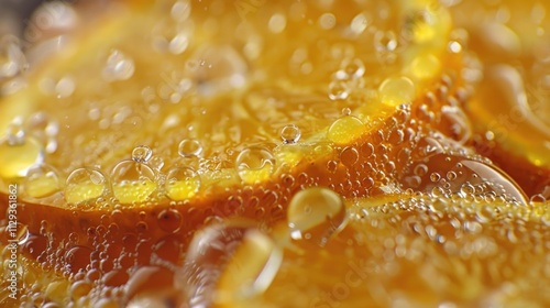 Fresh orange slice with glistening water droplets, perfect for food or drink photography photo