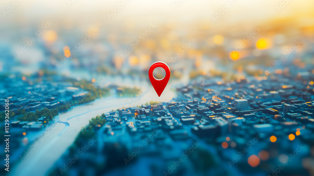 3D gps pin above downtown area on map . 3D gps pin above downtown area on map .
