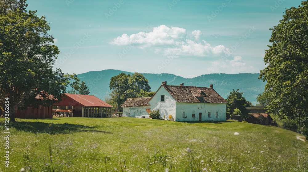 Serene Countryside Scene with Traditional White Farmhouse on Lush Green Meadow, Red-Roofed Structure Nearby, Peaceful Rural Landscape Serene Countryside Scene with Traditional White Farmhouse on Lush Green Meadow, Red-Roofed Structure Nearby, Peaceful Rural Landscape