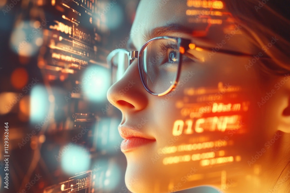 A woman wearing glasses looks at a computer or phone screen A woman wearing glasses looks at a computer or phone screen