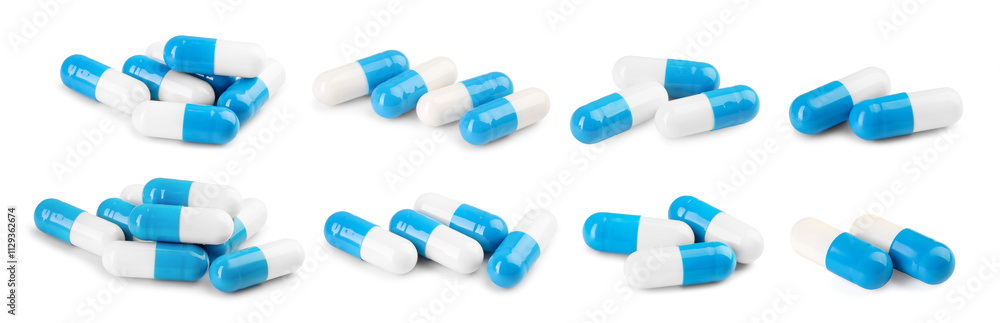 Antibiotic pills isolated on white, set. Medication Antibiotic pills isolated on white, set. Medication