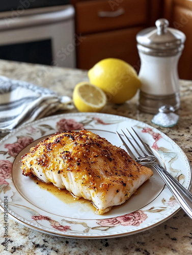 Elegant Baked White Fish Fillet with Lemon Garnish on Decorative Plate for Culinary and Food Photography Themes photo