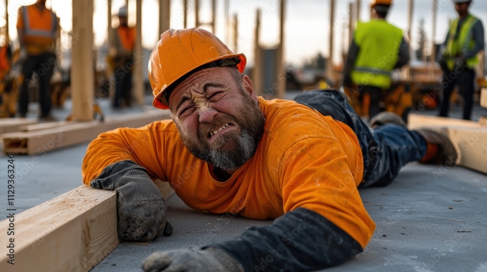 Construction worker on ground at construction site action shot outdoor environment dramatic viewpoint emotional concept Construction worker on ground at construction site action shot outdoor environment dramatic viewpoint emotional concept