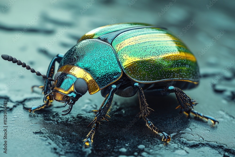 Naklejka premium A vibrant insect perches on a damp surface, offering a close-up view