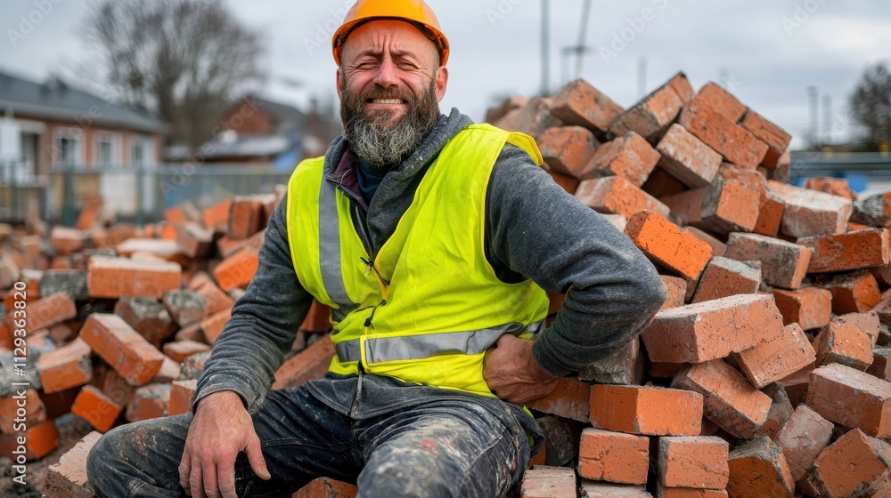 Construction worker struggles with back pain on job site urban environment image of hard work and fatigue Construction worker struggles with back pain on job site urban environment image of hard work and fatigue