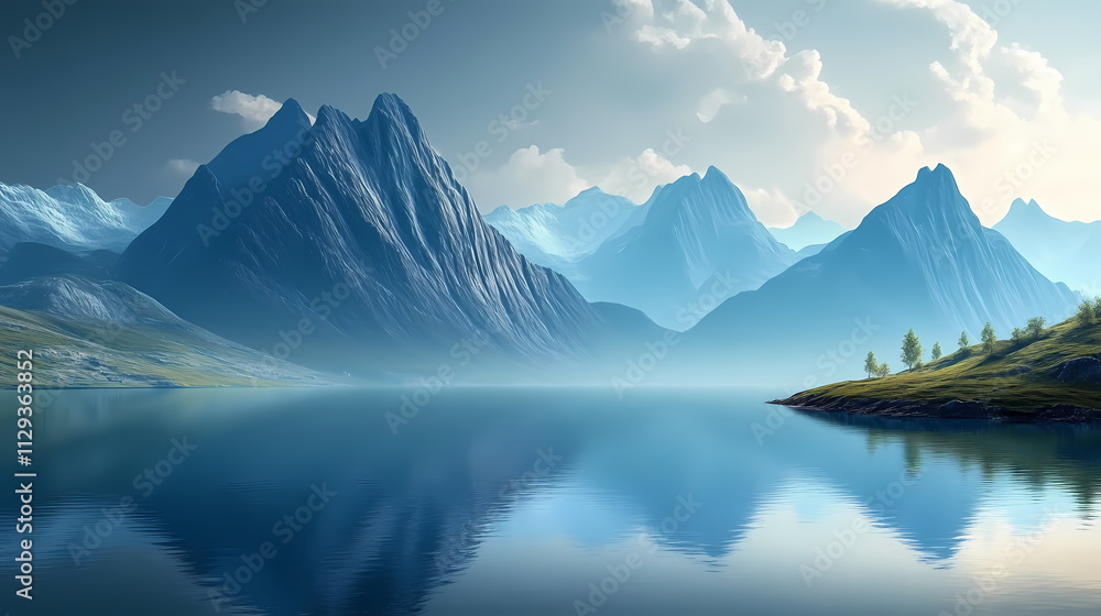 Naklejka premium A beautiful mountain range with a calm blue lake in the foreground. the sky is dark and the mountains are illuminated by the sun. Fjord. Illustration