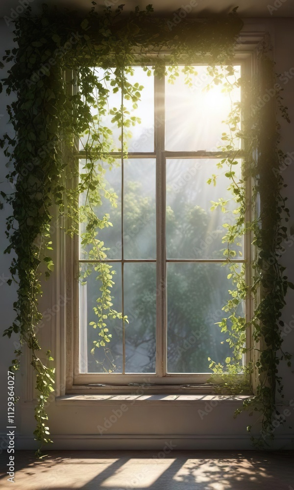 Sunlight streaming through a window draped with a climbing vine, indoor, natural light, sunshine Sunlight streaming through a window draped with a climbing vine, indoor, natural light, sunshine