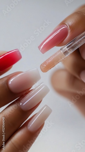 Nail art process showcasing manicure techniques with glossy nail polish and applicator