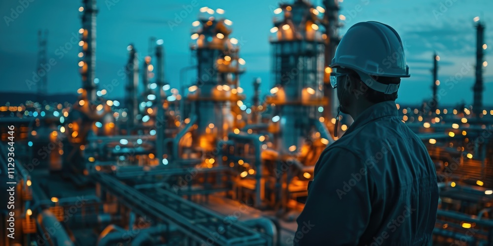 A person wearing a hard hat examines machinery in a refinery setting A person wearing a hard hat examines machinery in a refinery setting