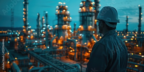 A person wearing a hard hat examines machinery in a refinery setting