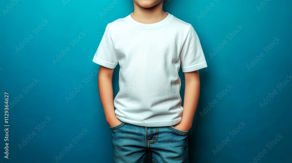 A child's torso in a white t-shirt and jeans stands against a blue background. Concept is casual and youthful attire. A child's torso in a white t-shirt and jeans stands against a blue background. Concept is casual and youthful attire.