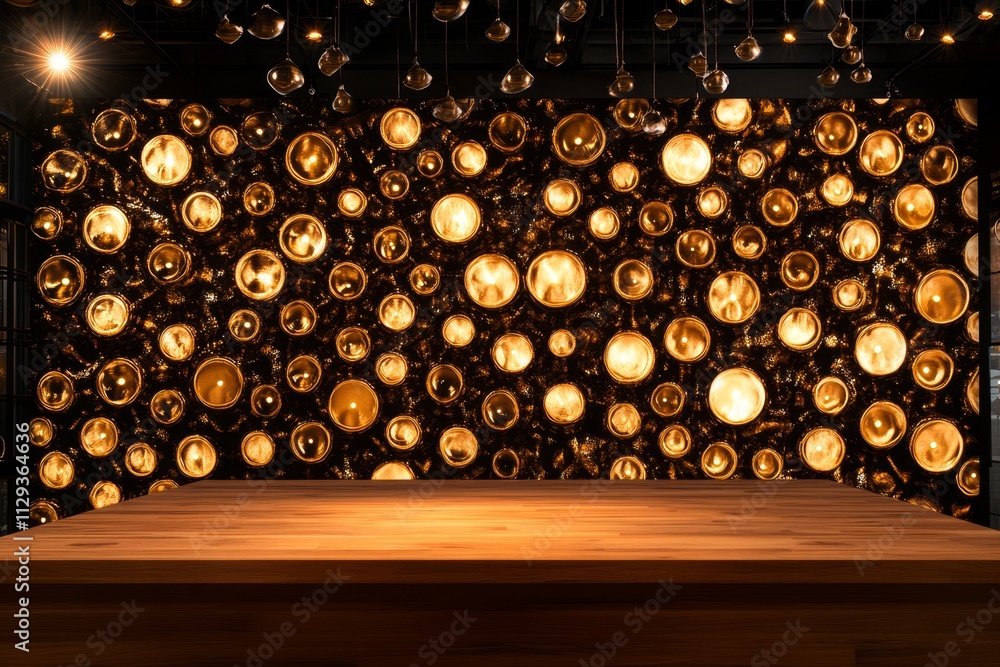 Empty wooden table against a wall of warm-toned circular lights. Empty wooden table against a wall of warm-toned circular lights.